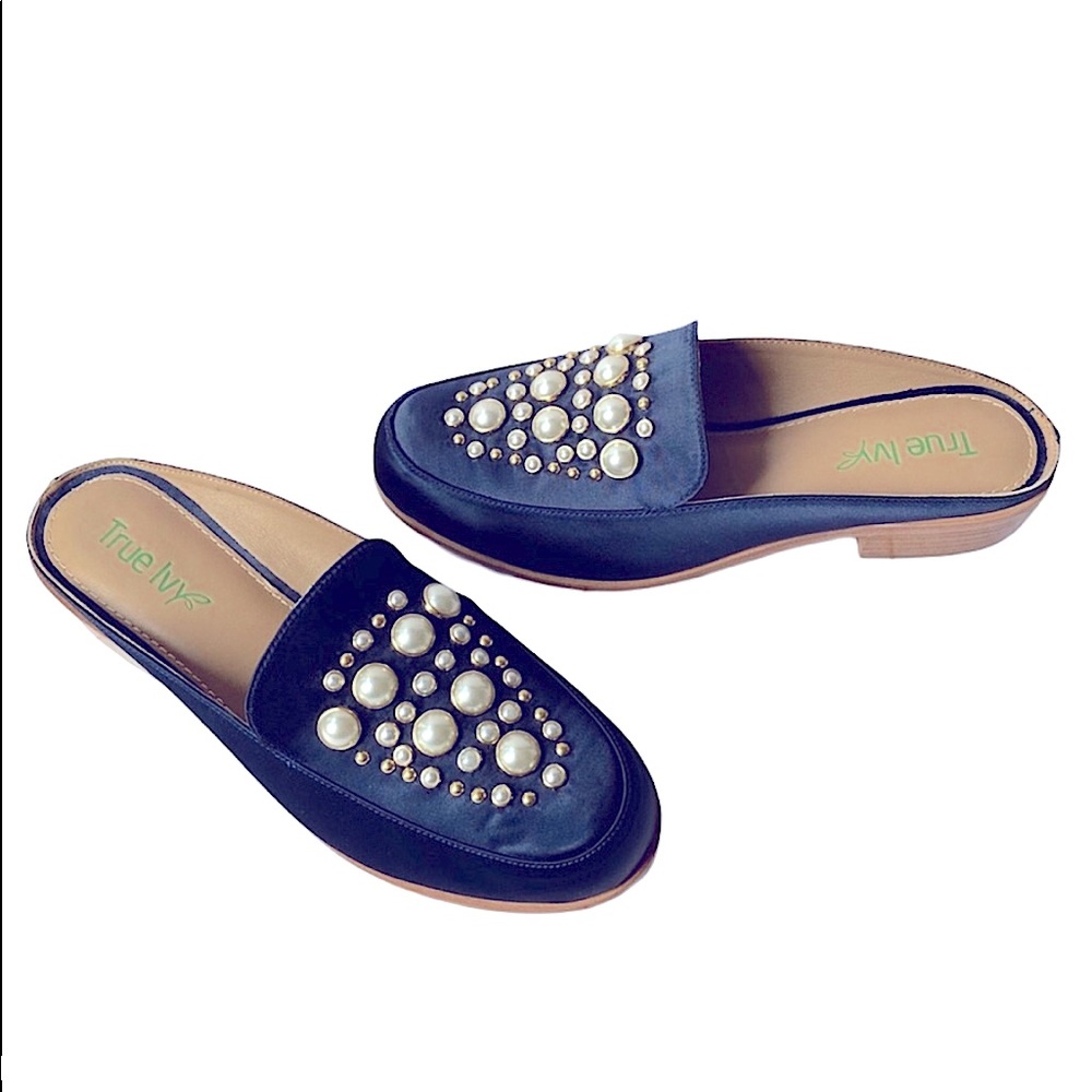 🆕|| TRU IVY ||Annabelle Slip-On Mules Navy Satin+Pearls &Short Wooden Heel |6½|